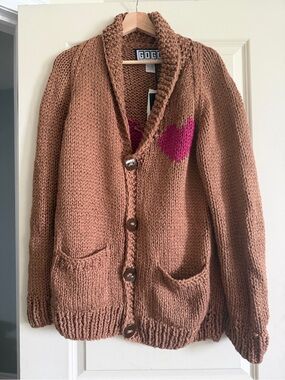 GOGO Chunky Brown Cardigan with Pink Heart Accent